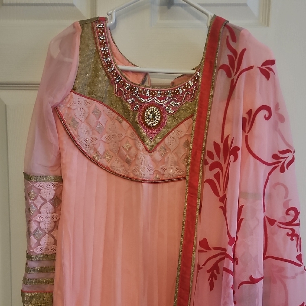Pink and Gold Embroidered Net long anarkali Dress with Red Accents dupatta
